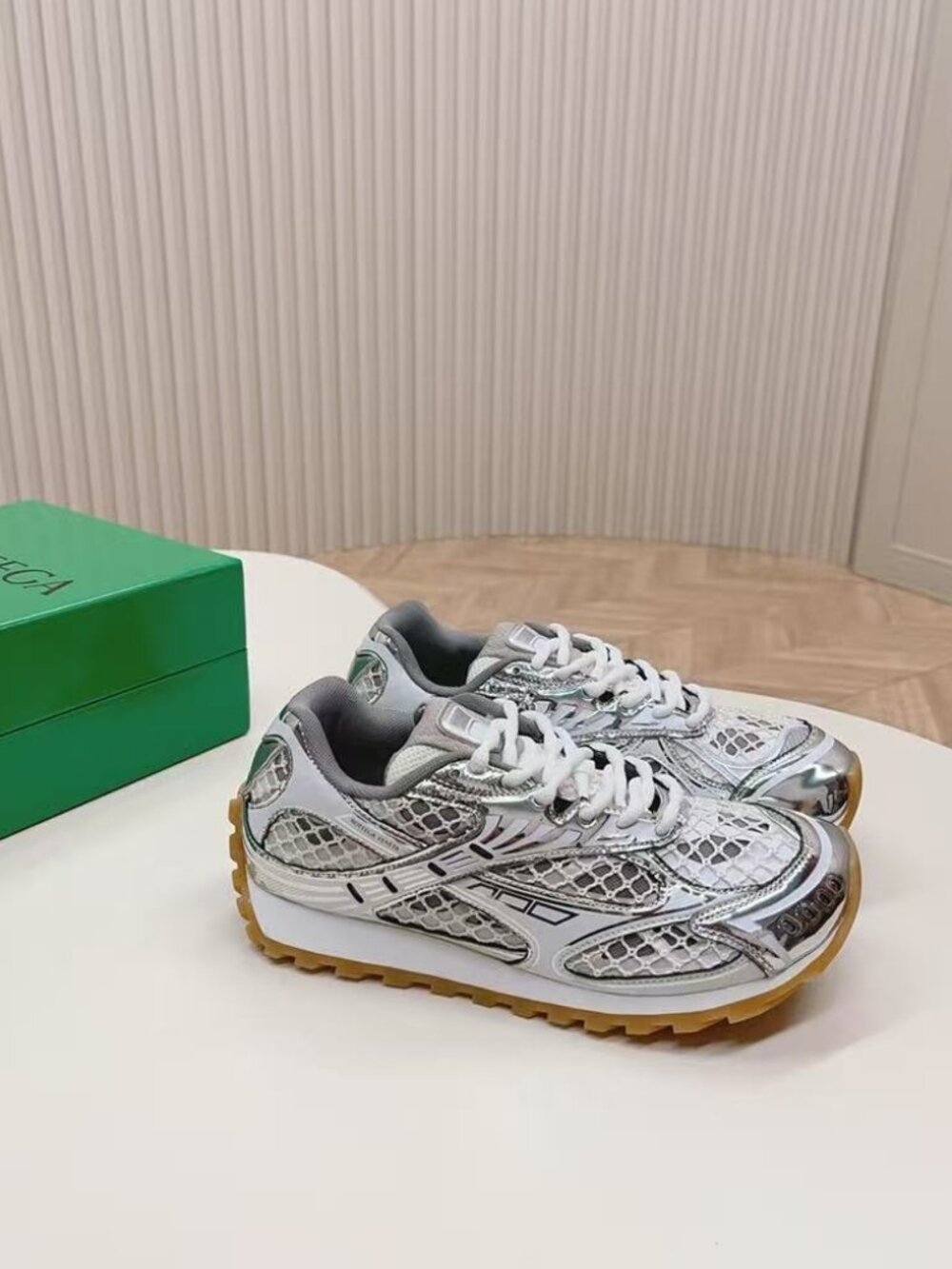 Bottega Veneta Silver Metallic Mesh Retro Low Top Runner Sneakers
